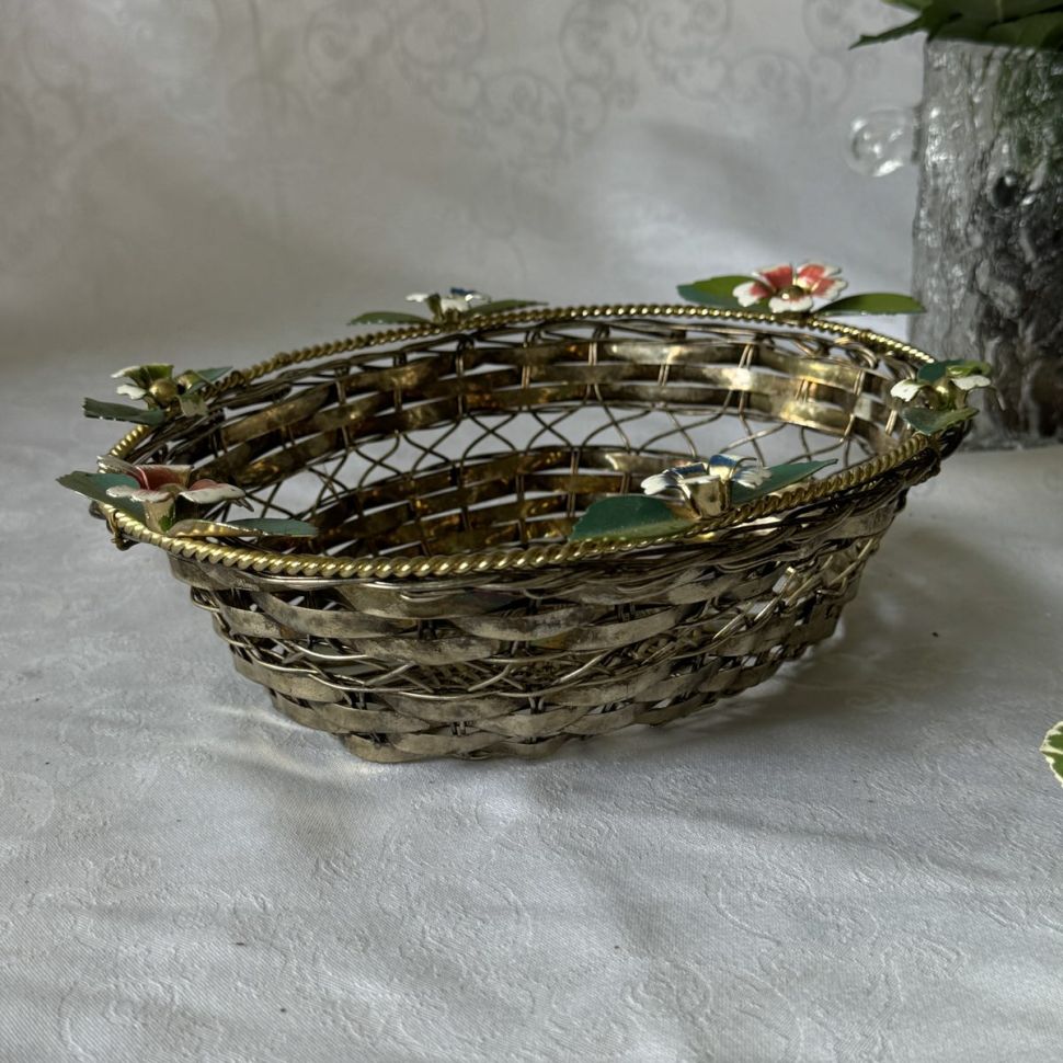 Корзинка сухарница 24 см серебрение мельхиор плетение эмаль 