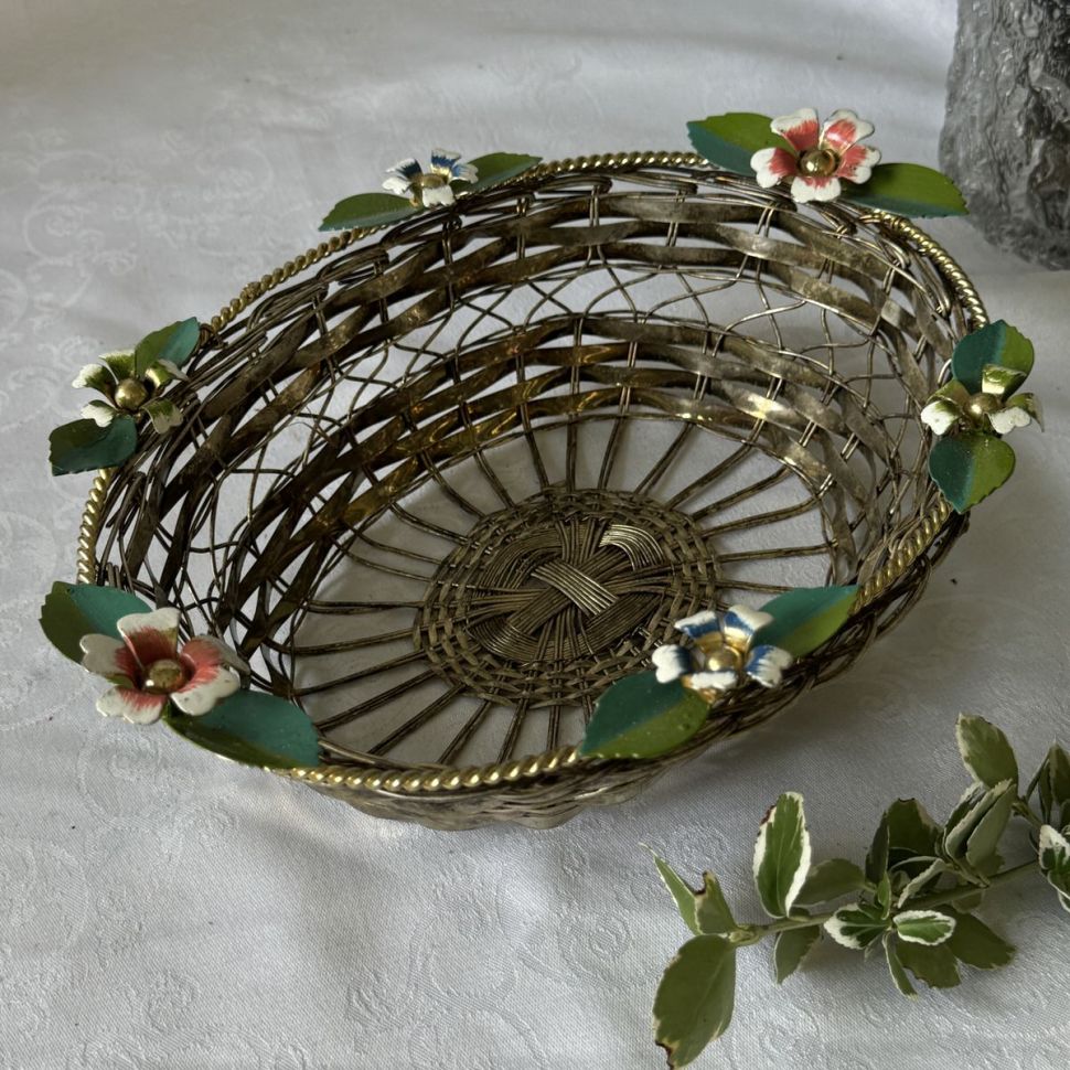 Корзинка сухарница 24 см серебрение мельхиор плетение эмаль 