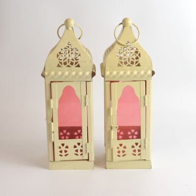 Фонарь подсвечник металл розовое стекло