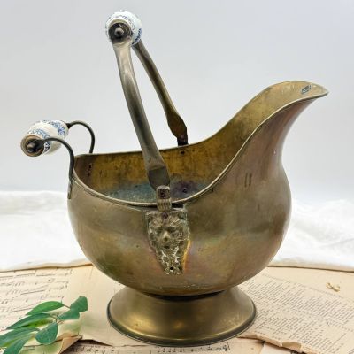 Зольник медный со львами и керамическими ручками 30 см