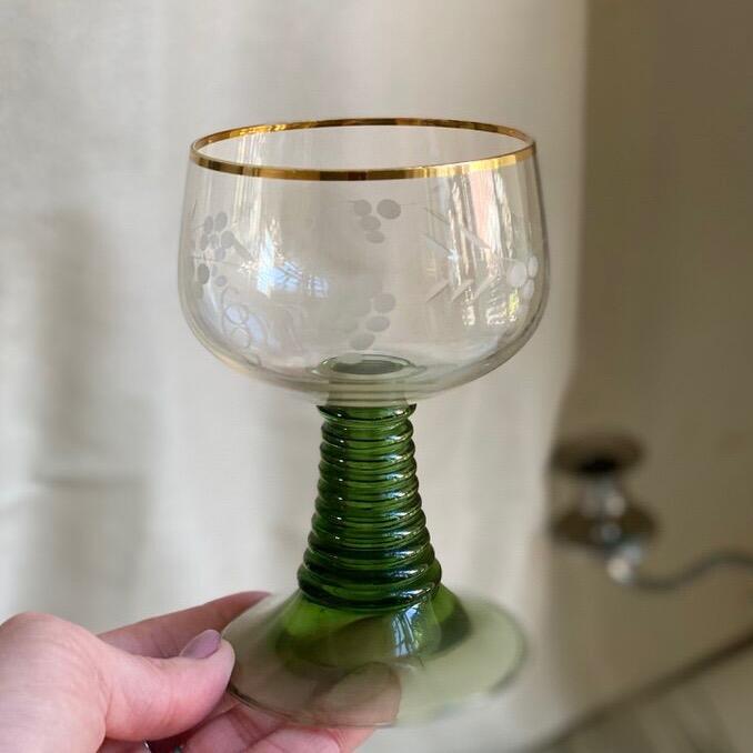 Бокал Виноград 250 мл на зеленой ножке хрусталь с золотым ободком