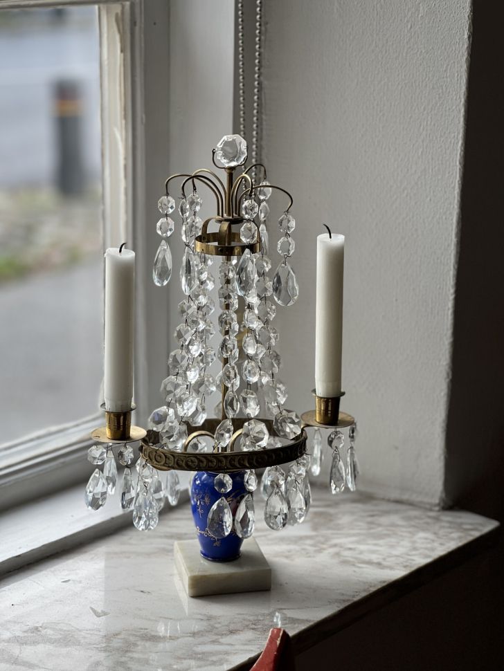 Подсвечник Жирандоль на мраморной подставке латунь хрусталь 