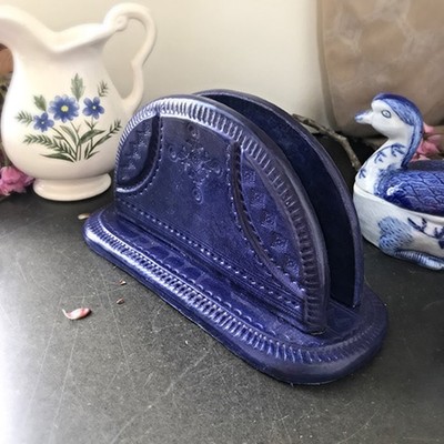 Салфетница синяя дерево и кожа