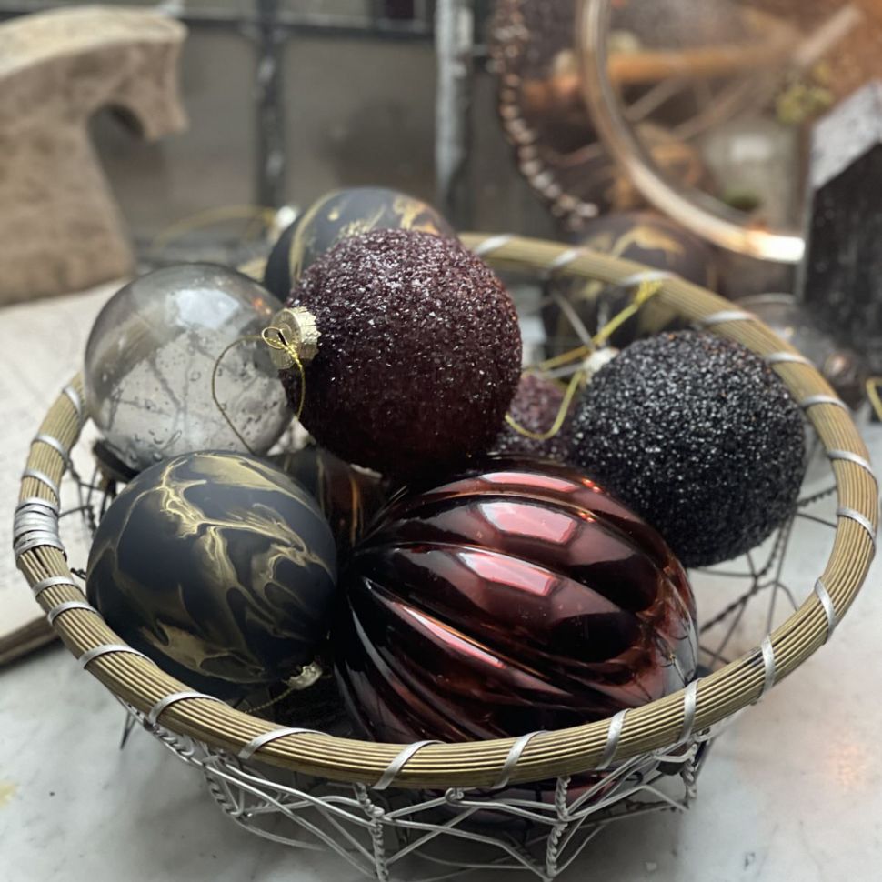 Шар елочный 8 см с золотыми разводами стекло