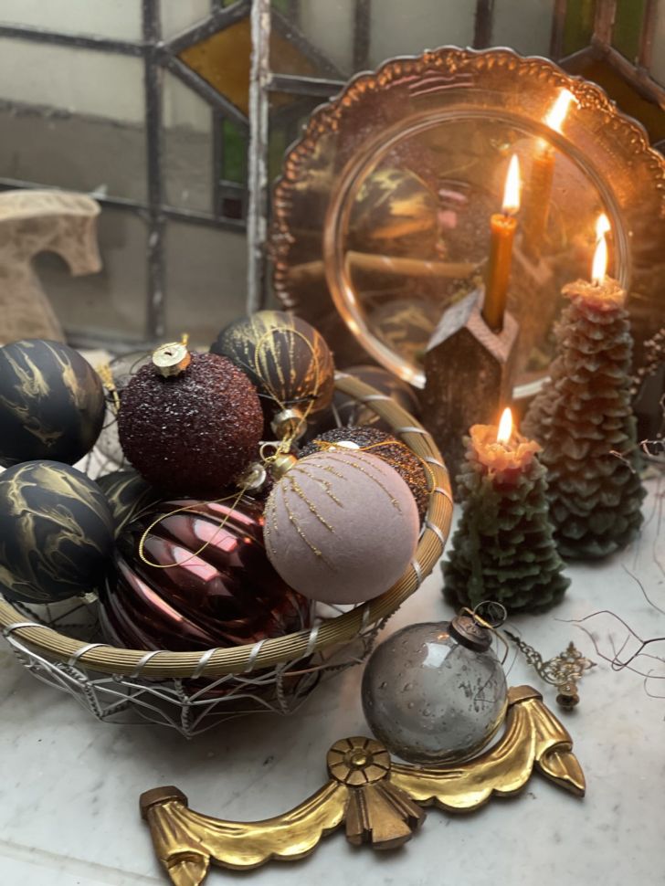 Шар елочный 8 см с золотыми разводами стекло