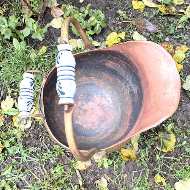 Зольник с фаянсовыми ручками 42 см Голландия медь латунь