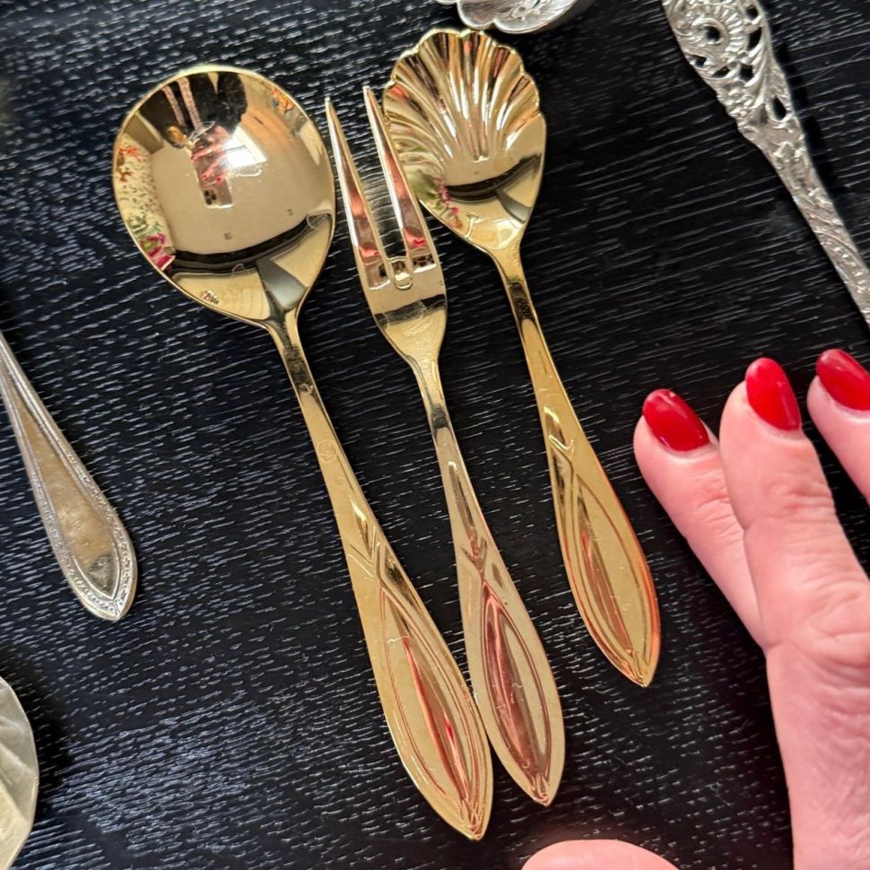 Ложки и вилка сервировочные золочение набор 3 предмета