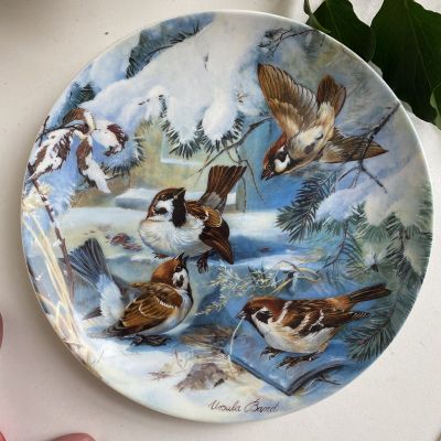 Тарелка номерная 20 см Hutschenreuther 1993 Vogel im Winter Sperlinge vor unserer Tur