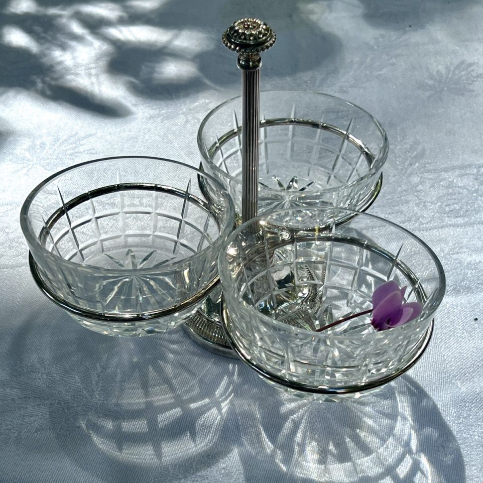 Менажница 3 чаши на подставке хрусталь серебрение Франция