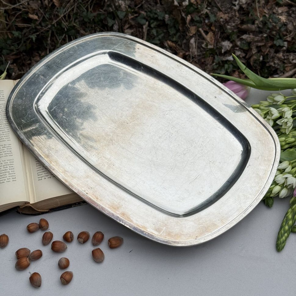 Блюдо поднос 46х31 см серебрение по латуни