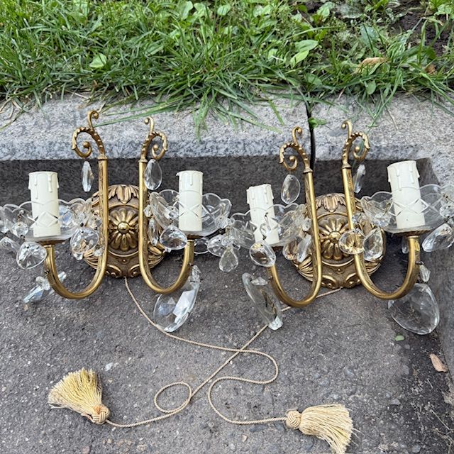 Бра настенное на 2 лампы 24 см латунь хрусталь