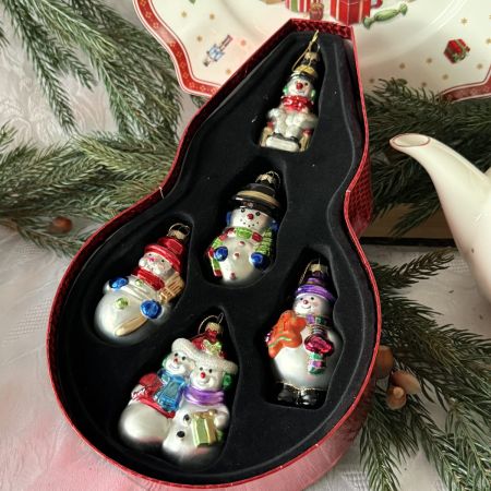 Елочная игрушка Снеговик набор 5 шт стекло ручная роспись