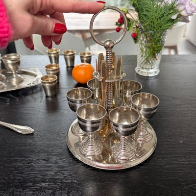 Набор подставок для яйца пашотниц с ложками и держателем на 6 персон серебрение 1930 г.