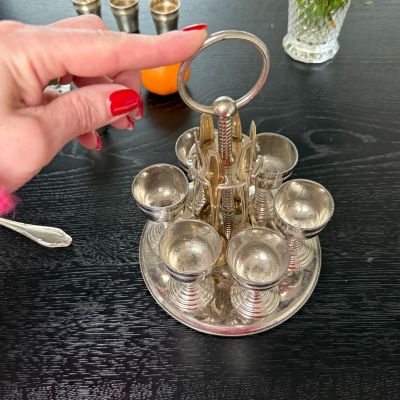 Набор подставок для яйца пашотниц с ложками и держателем на 6 персон серебрение 1930 г.