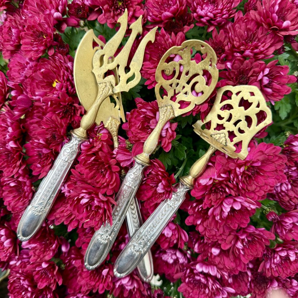 Набор сервировочный для закусок и десерта 4 предмета серебро латунь Франция