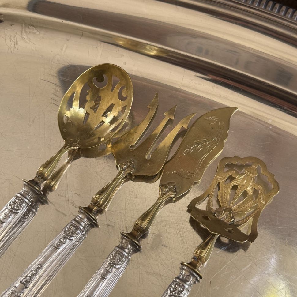 Набор сервировочный для закусок и десерта 4 предмета серебро латунь Франция