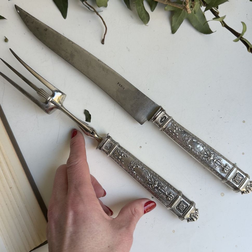 Набор вилка нож для мяса 33 см серебро сталь Франция