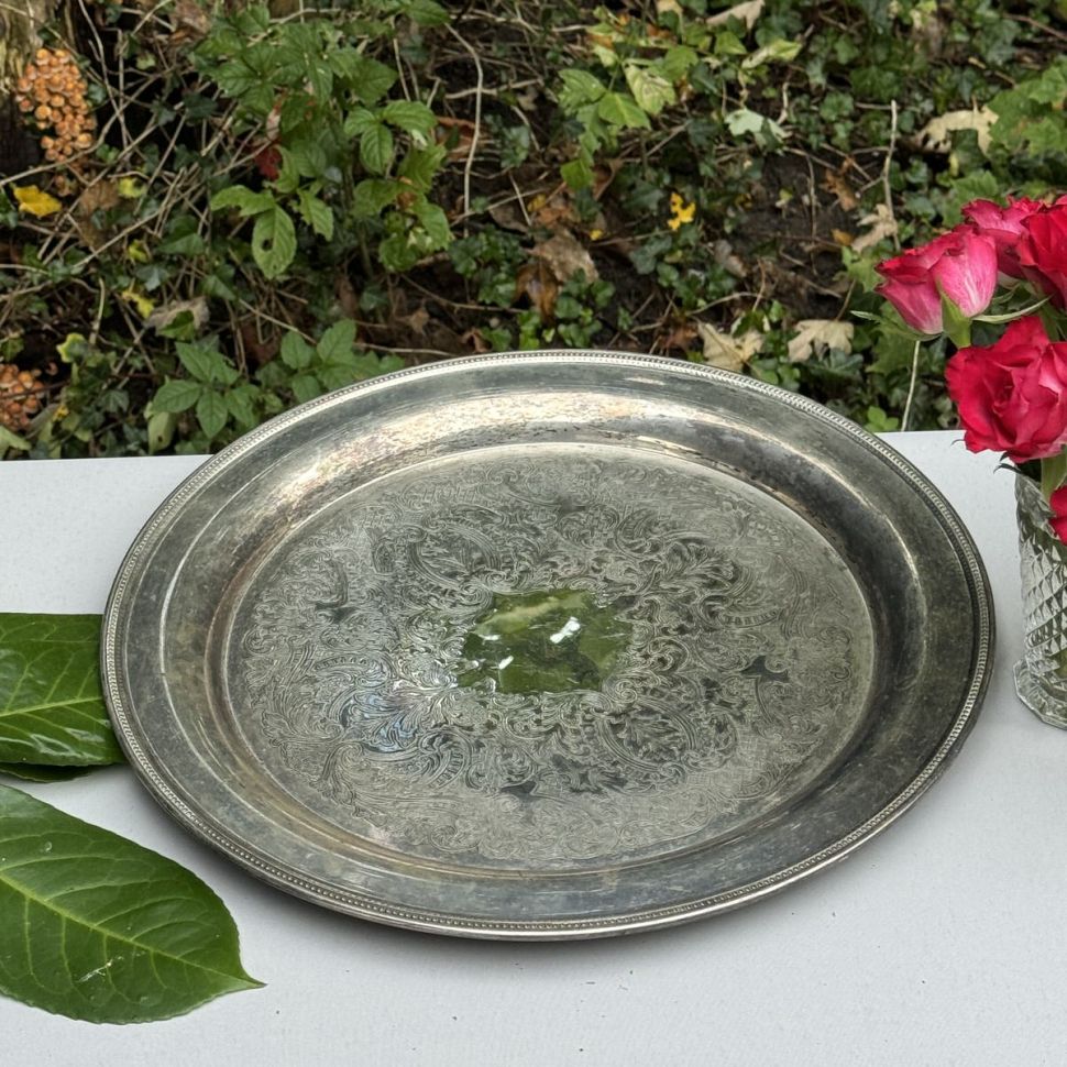 Поднос 37 см мельхиор штихельная гравировка
