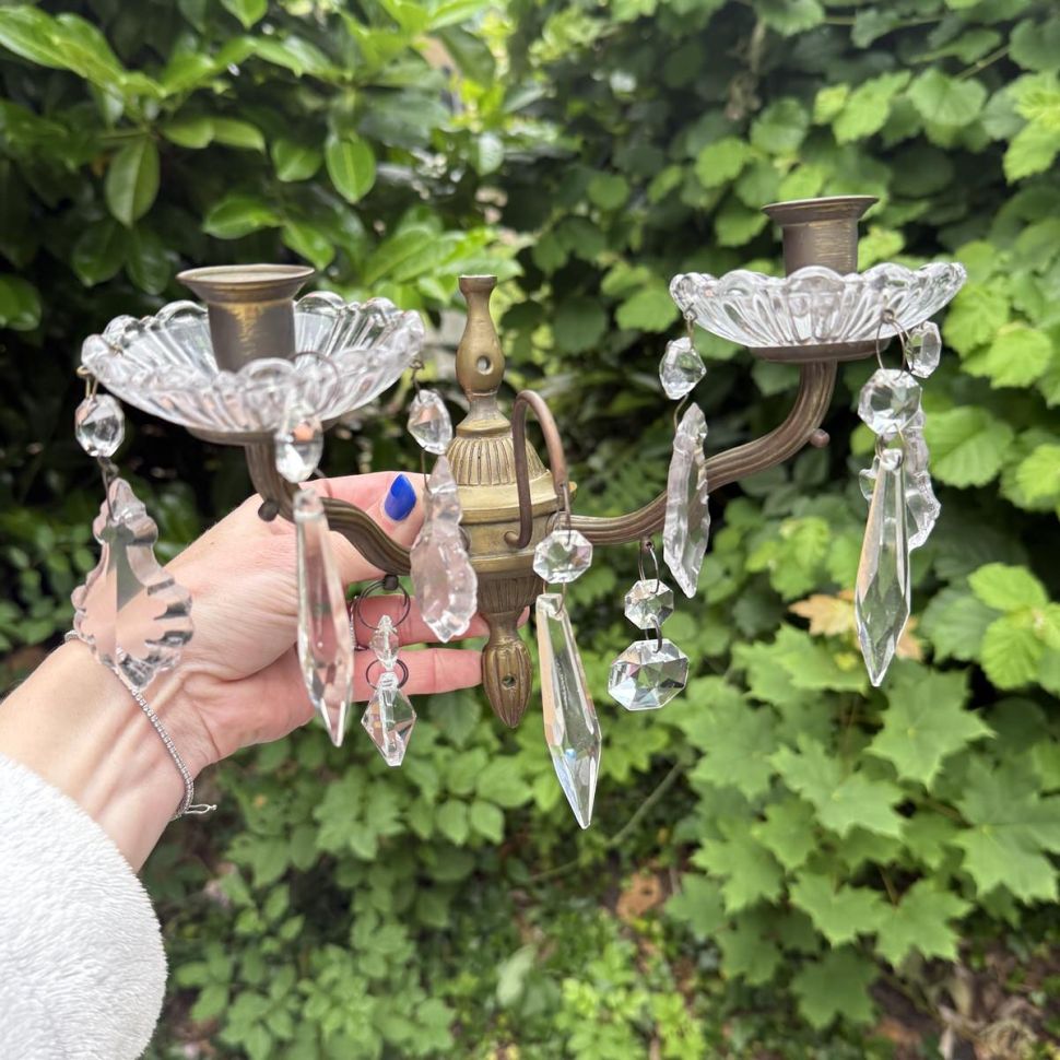 Подсвечник настенный на 2 свечи 22 см латунь хрусталь 