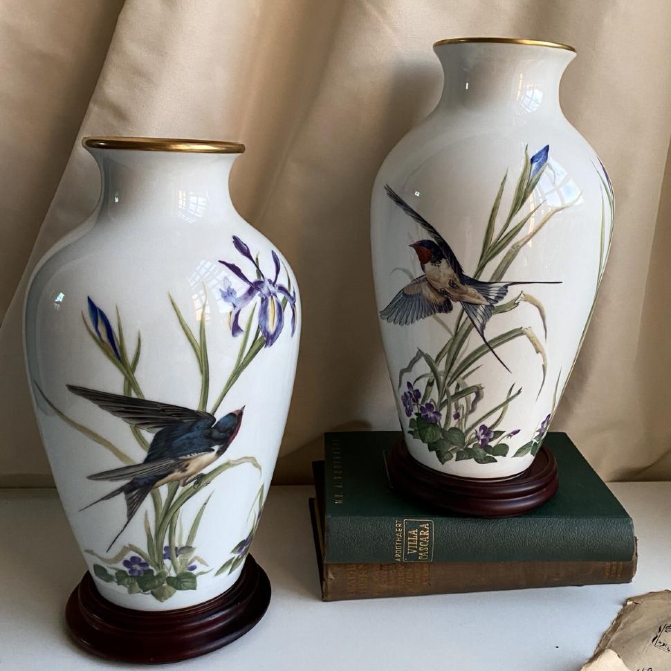 Ваза Franklin Porcelain The Meadowland Bird 29 см фарфор Япония 1980 г.