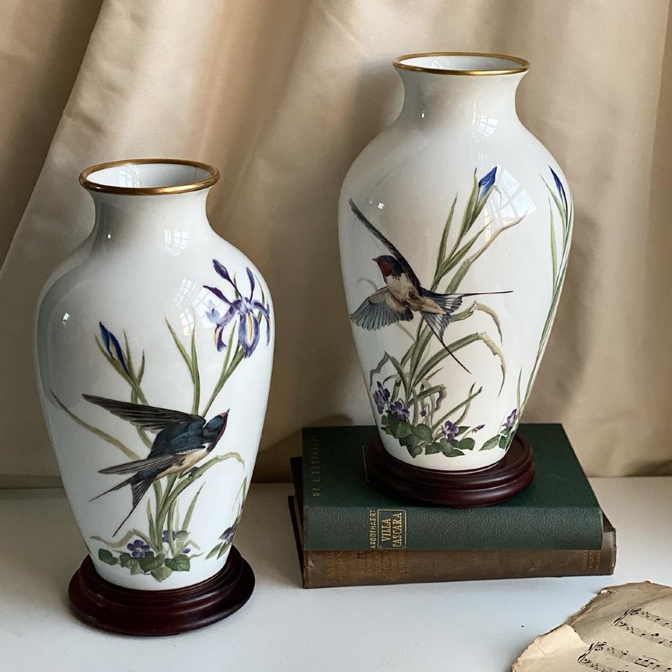 Ваза Franklin Porcelain The Meadowland Bird 29 см фарфор Япония 1980 г.