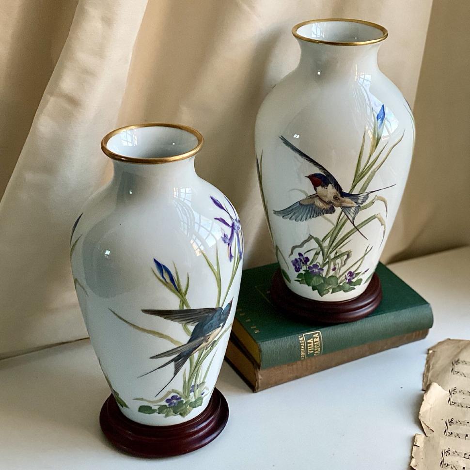 Ваза Franklin Porcelain The Meadowland Bird 29 см фарфор Япония 1980 г.