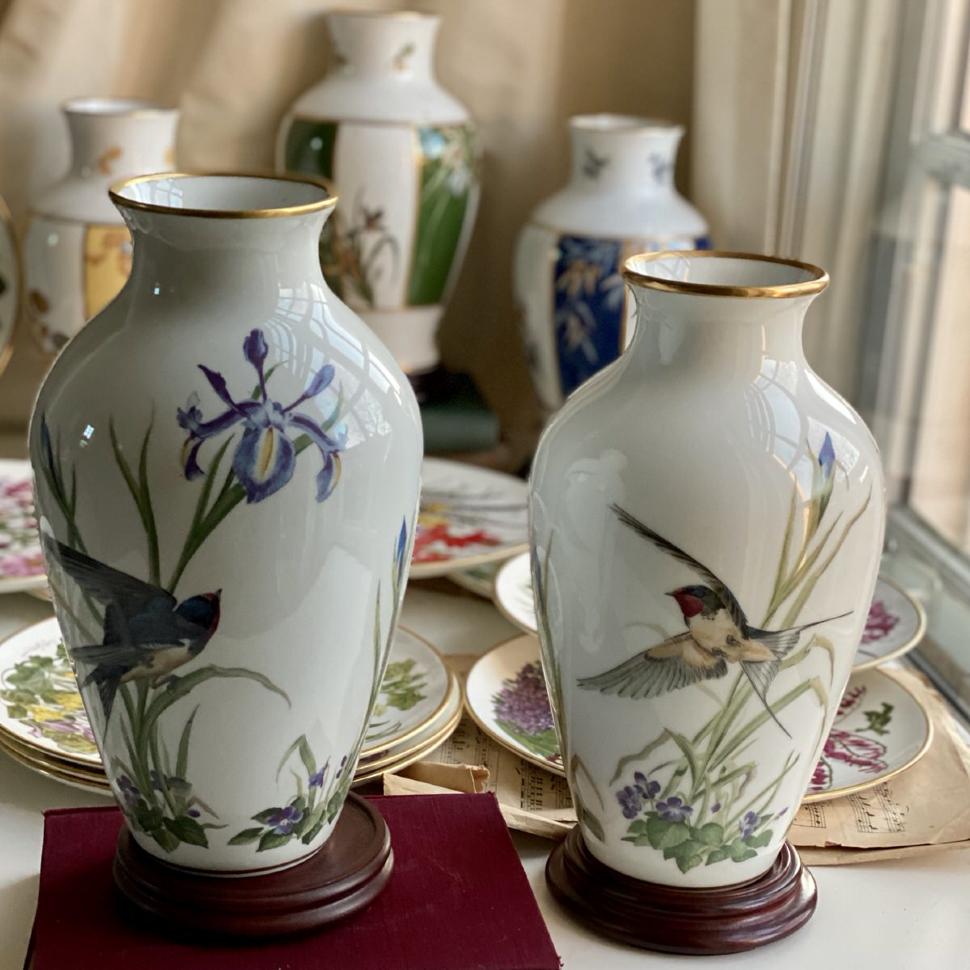 Ваза Franklin Porcelain The Meadowland Bird 29 см фарфор Япония 1980 г.