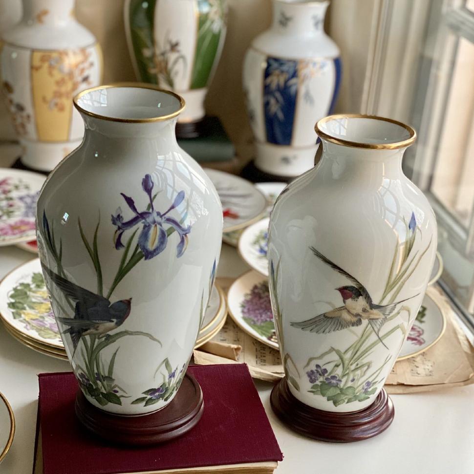 Ваза Franklin Porcelain The Meadowland Bird 29 см фарфор Япония 1980 г.