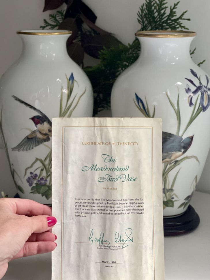 Ваза Franklin Porcelain The Meadowland Bird 29 см фарфор Япония 1980 г.