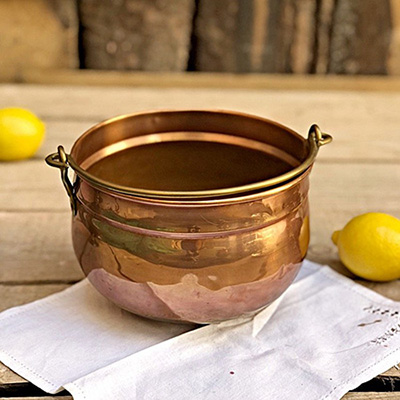 Кашпо котелок медное большое с латунной ручкой