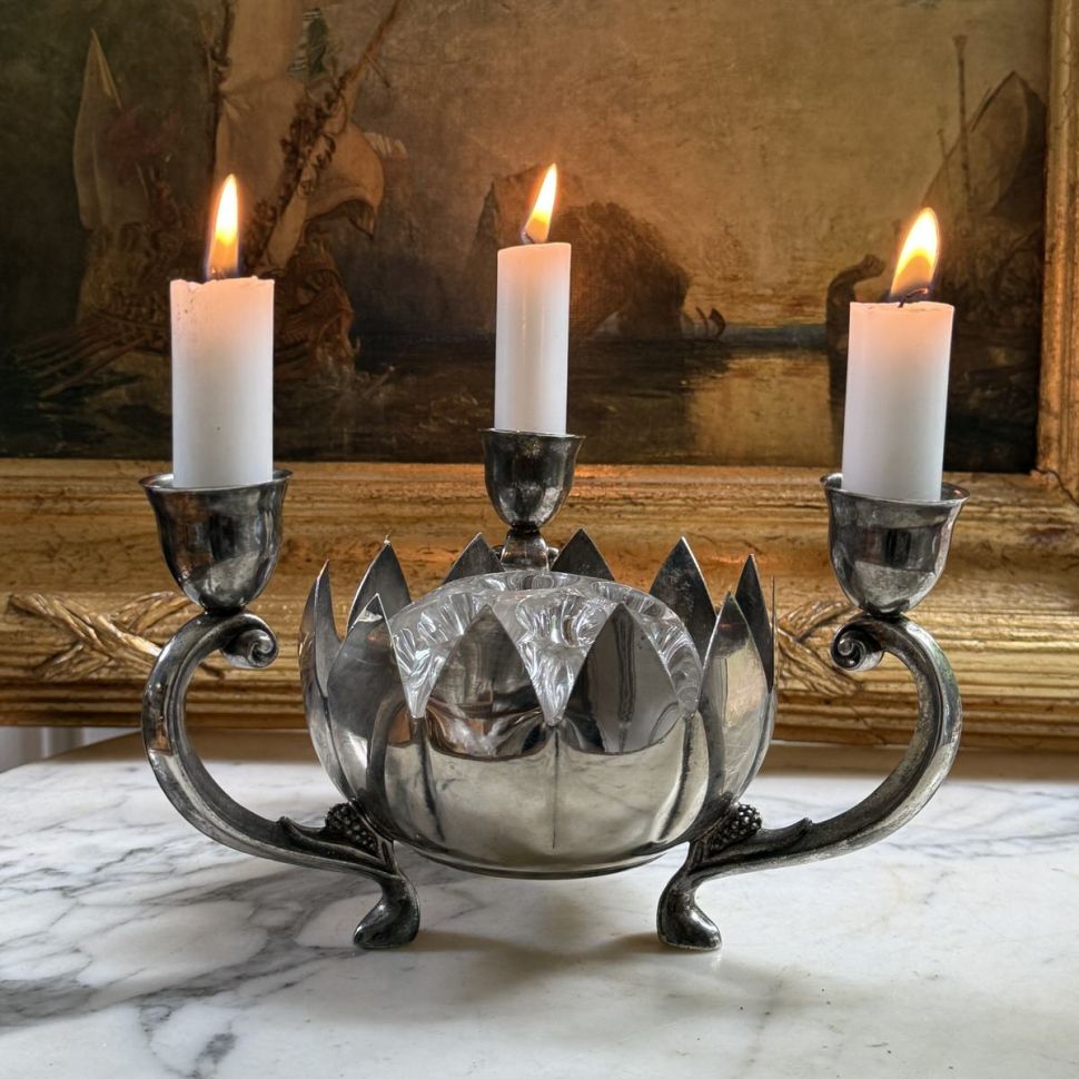 Подсвечник-роузбол со вставкой хрусталь 19 см серебрение 1950-60е гг.