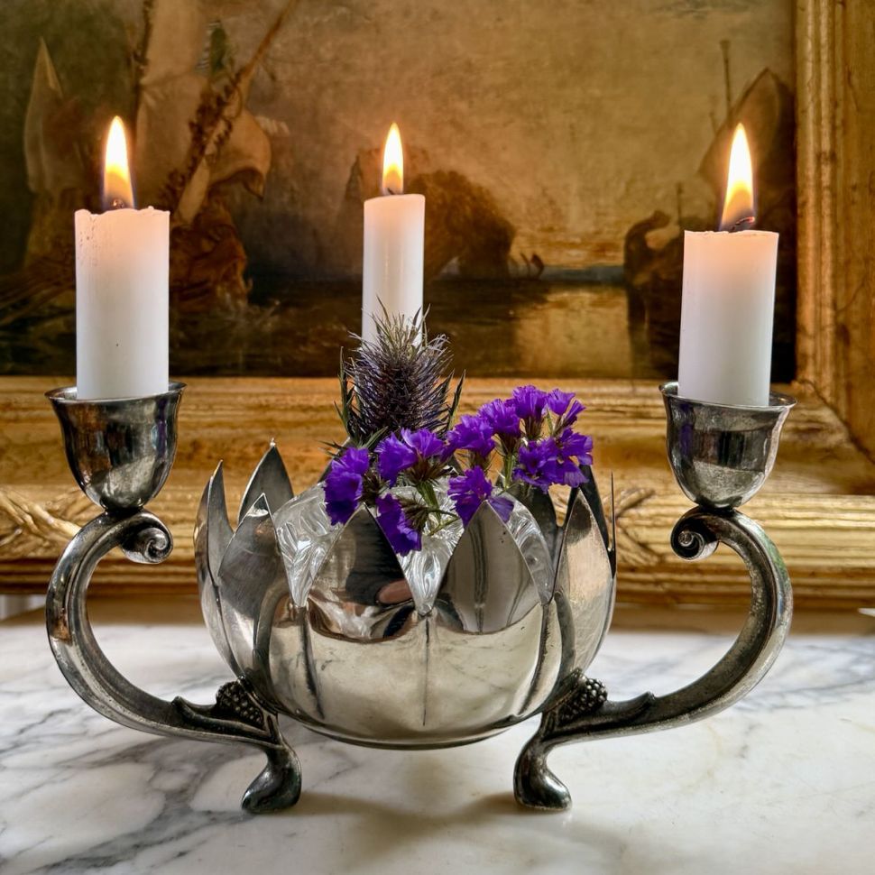 Подсвечник-роузбол со вставкой хрусталь 19 см серебрение 1950-60е гг.