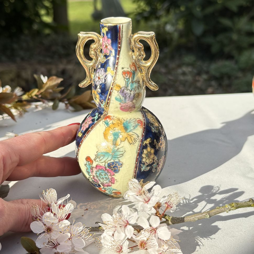 Ваза Satsuma фарфор роспись 50-е гг Шинуазри синяя 13 см амфора 