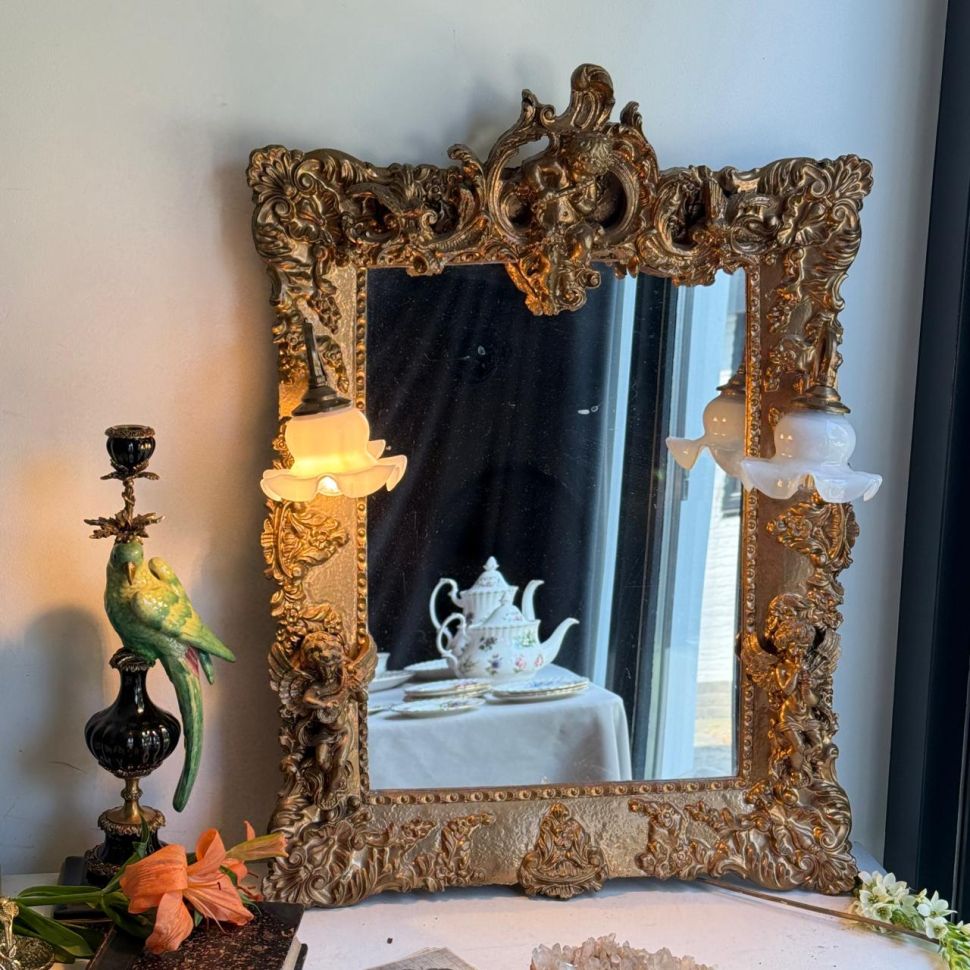 Зеркало в раме и 2 бра в прихожую Рокай дерево лепка золочение 60х80