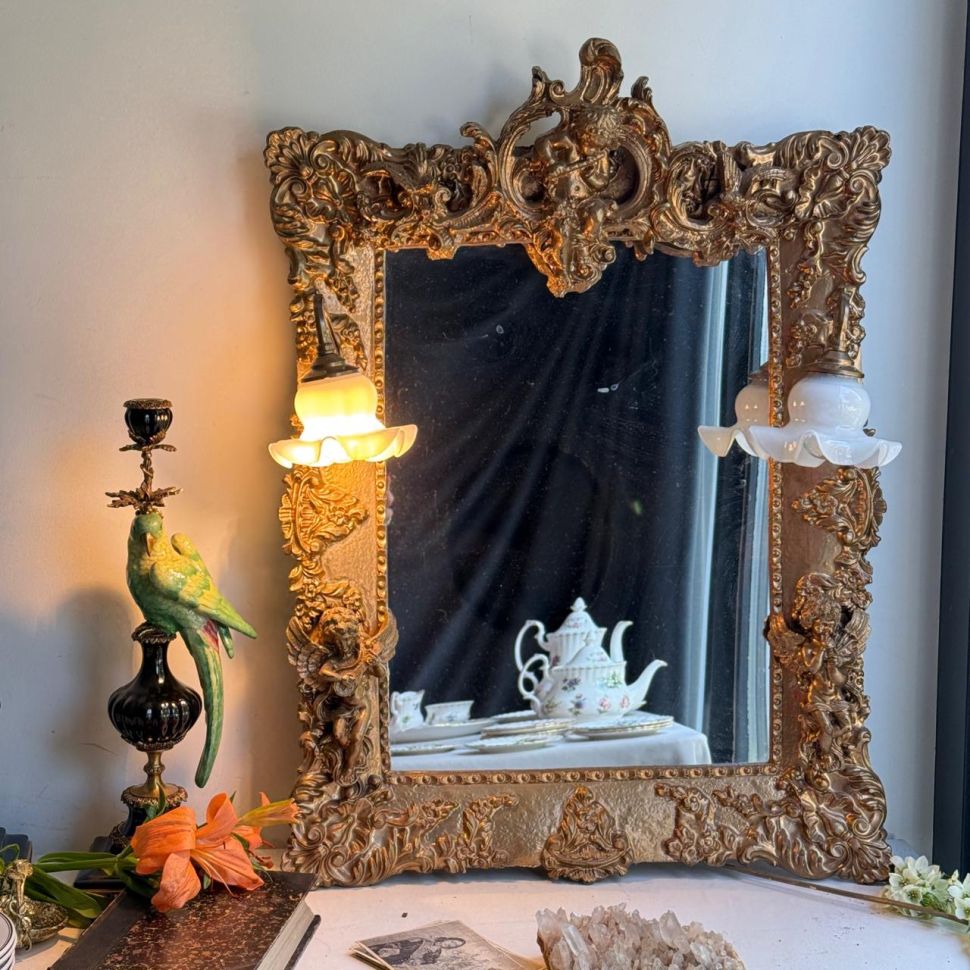 Зеркало в раме и 2 бра в прихожую Рокай дерево лепка золочение 60х80