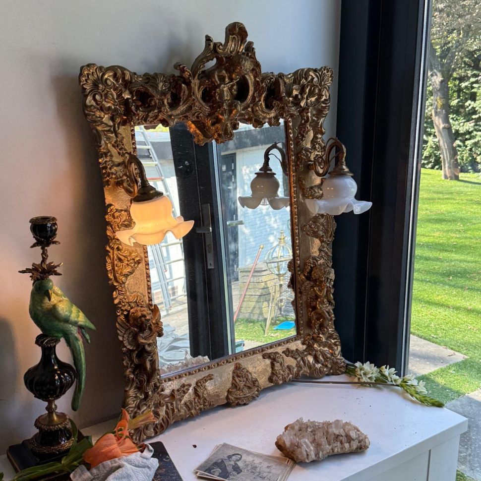 Зеркало в раме и 2 бра в прихожую Рокай дерево лепка золочение 60х80