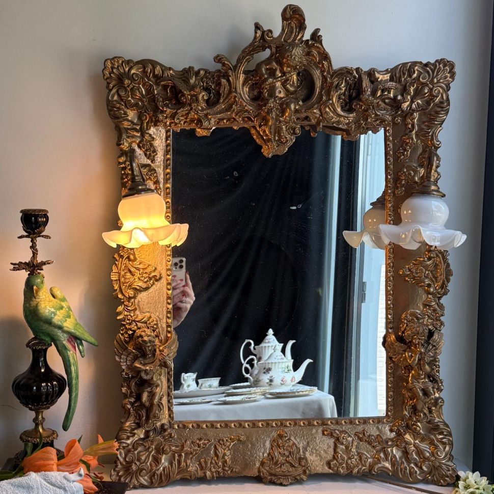 Зеркало в раме и 2 бра в прихожую Рокай дерево лепка золочение 60х80