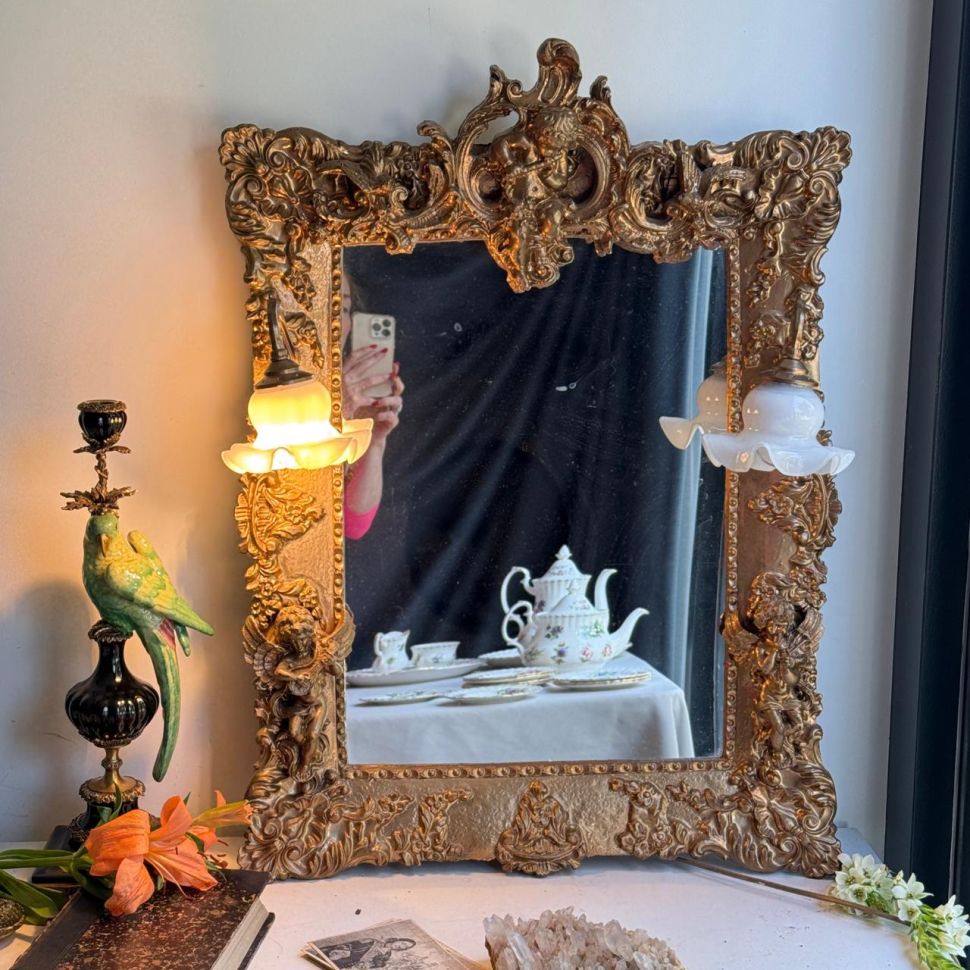 Зеркало в раме и 2 бра в прихожую Рокай дерево лепка золочение 60х80