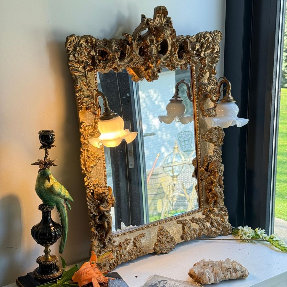 Зеркало в раме и 2 бра в прихожую Рокай дерево лепка золочение 60х80