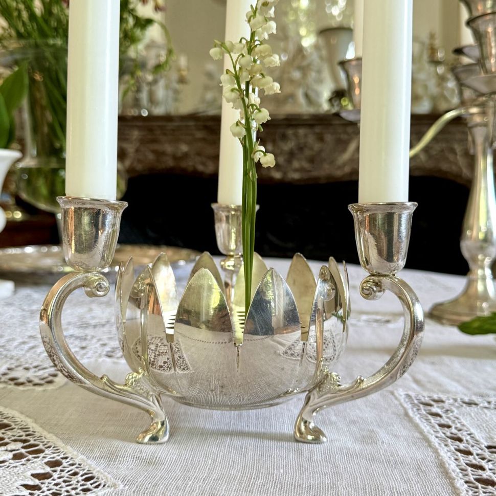 Подсвечник-роузбол на три свечи 18 см серебрение 1950-60е гг.