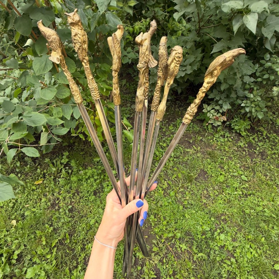 Шампуры с латунной скульптурной ручкой Птицы, Франция, 8 штук набор