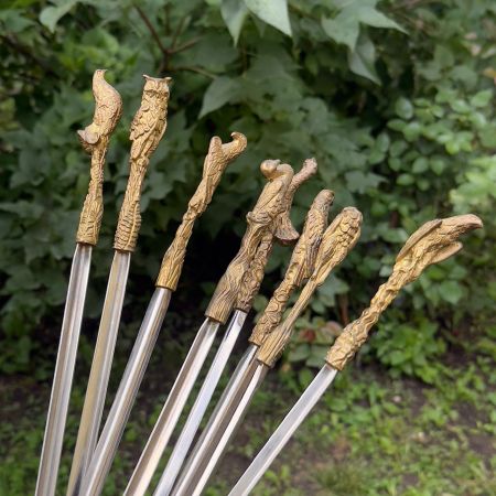 Шампуры с латунной скульптурной ручкой Птицы, Франция, 8 штук набор
