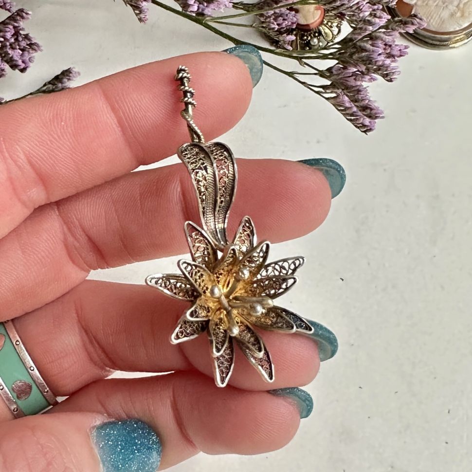 Брошь Цветок 5 см Италия серебро скань