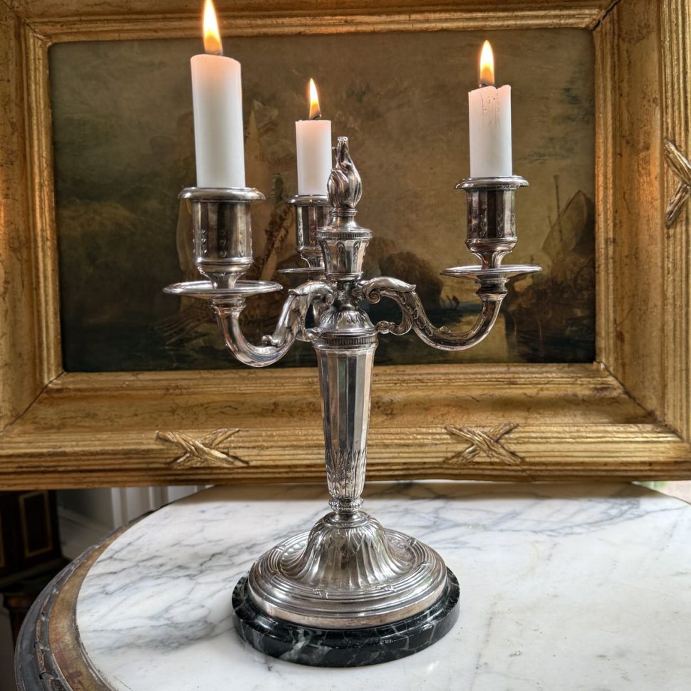 Подсвечник канделябр на 3 свечи 27 см серебрение мрамор в стиле Луи 16 Франция