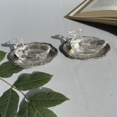 Солонка Утка на блюде 10 см стекло серебрение Франция