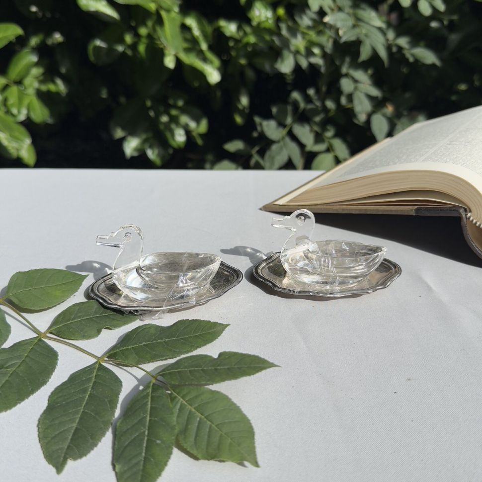 Солонка Утка на блюде 10 см стекло серебрение Франция