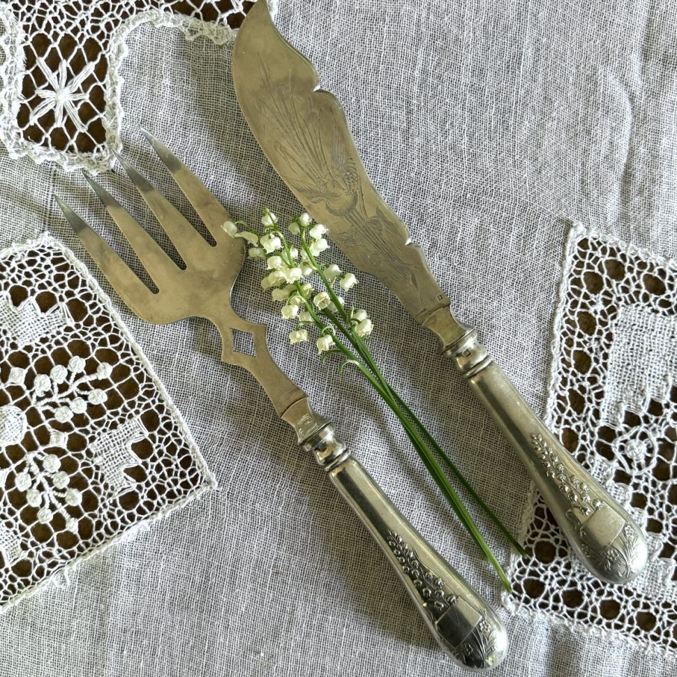 Вила и нож для рыбы Ercuis 31 см серебрение Арнуво Франция