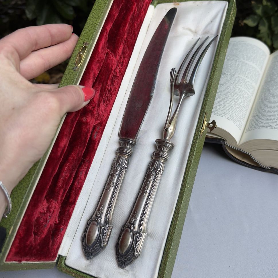 Вилка и нож набор сервировочный ручка серебро Франция