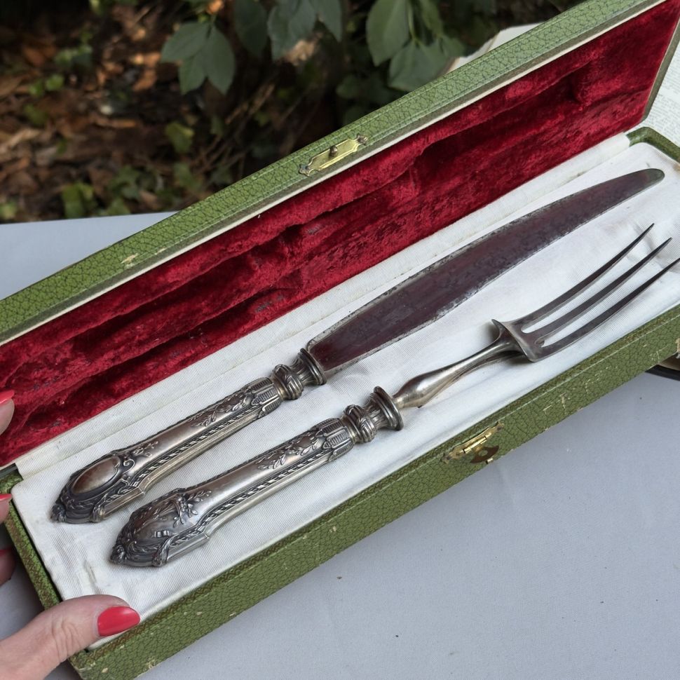 Вилка и нож набор сервировочный ручка серебро Франция