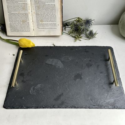 Поднос натуральный сланец Европы с ручками из латуни